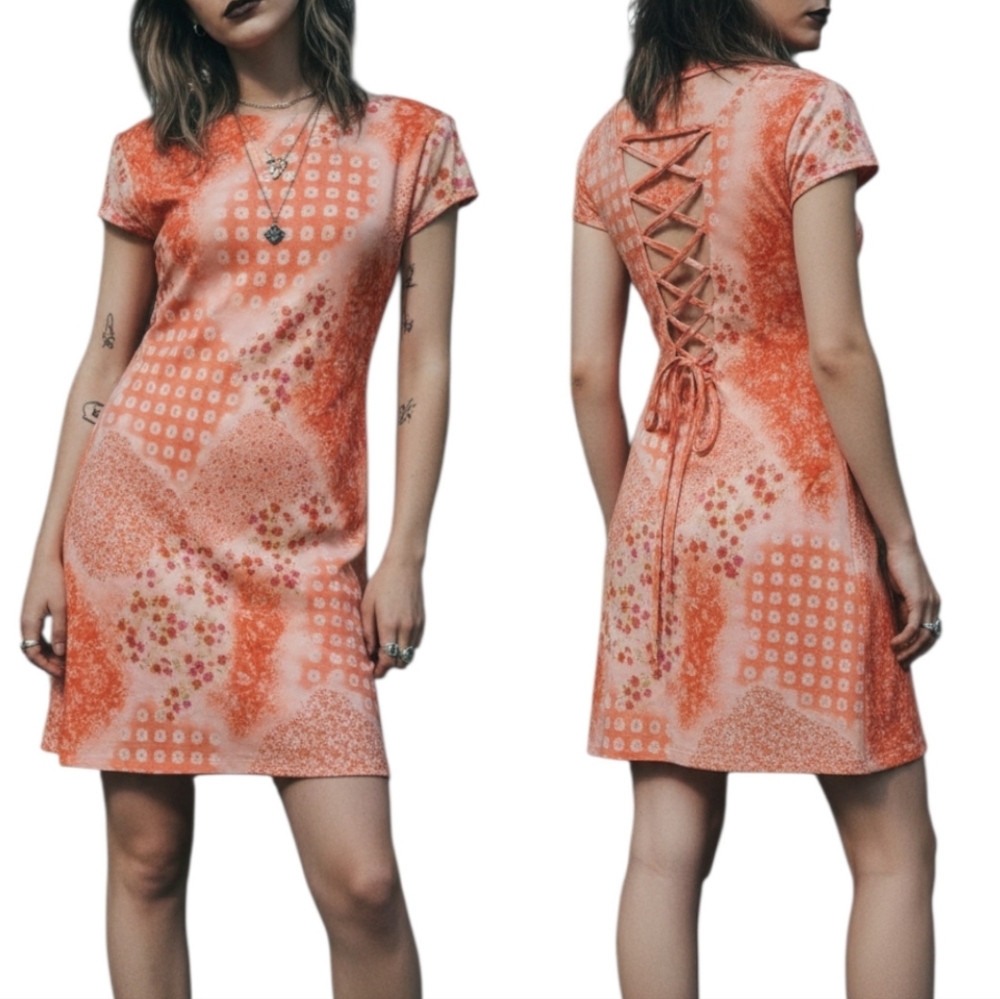 D.B.Y Vintage 90s Patchwork Floral Lace Up Back Dress Large